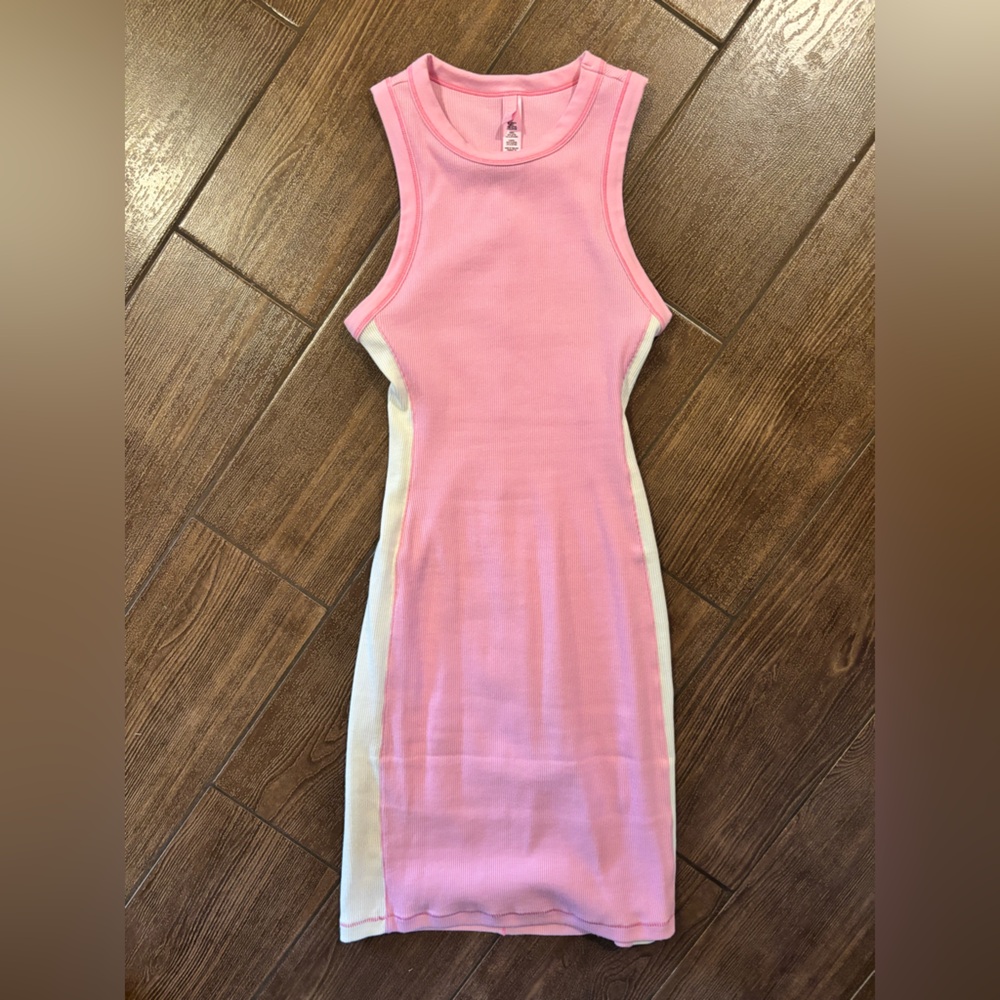 SKIMS Pink and White Ribbed Tank Mini Dress